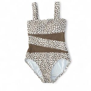 Carmen Marc Valvo Brown and White cheetah One Piece Swimsuit with mesh waist